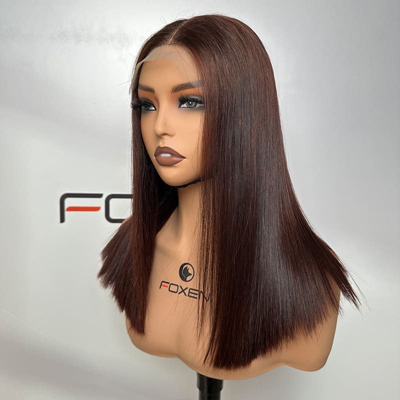 Raw Vietnamese hair 4# dark brown straight bob 5x5 lace wig 16 inch