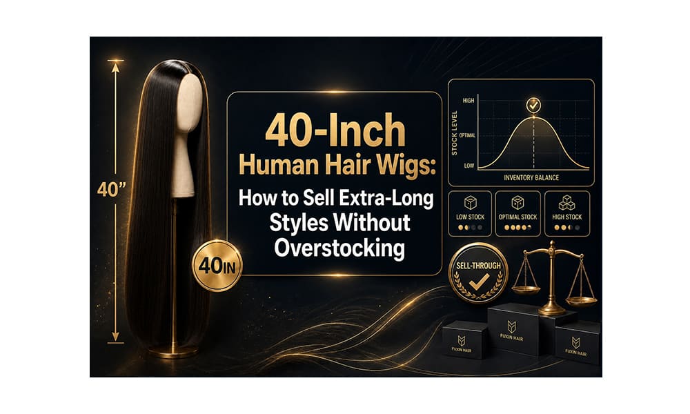 40-inch straight human hair wig on mannequin with inventory balance chart showing optimal stock levels — wholesale overstocking prevention guide for retailers