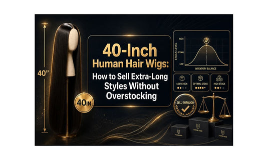40-inch straight human hair wig on mannequin with inventory balance chart showing optimal stock levels — wholesale overstocking prevention guide for retailers