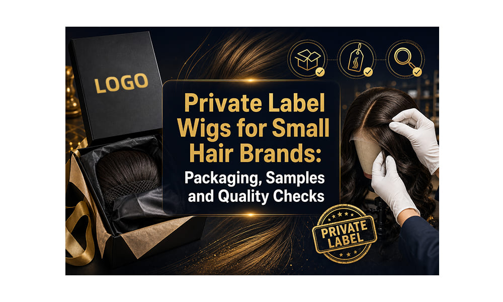 Private label wig in branded logo packaging box alongside quality inspection by gloved hands — OEM wig packaging and sample approval guide for small hair brands