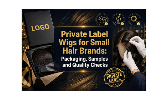Private label wig in branded logo packaging box alongside quality inspection by gloved hands — OEM wig packaging and sample approval guide for small hair brands