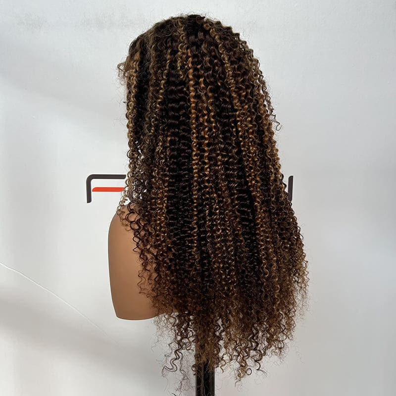 P4 /27 honey blonde ombre kinky curly wig brown roots golden blonde tips