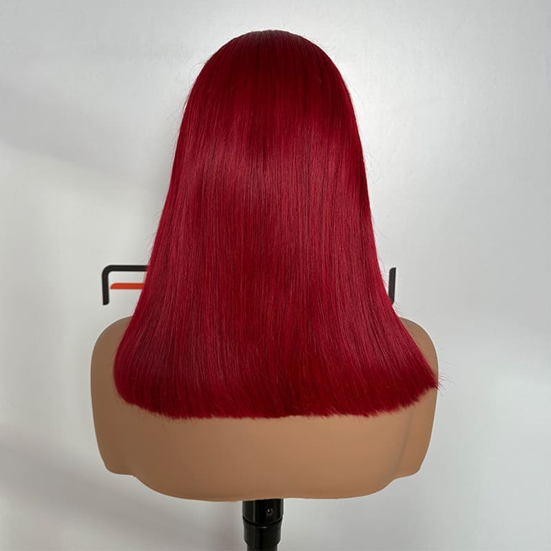 Best 16 inch dark red bob 13x4 lace frontal human hair wig