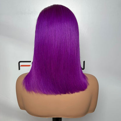Customized 13x4 lace frontal purple short bob human hair wig 12 inch