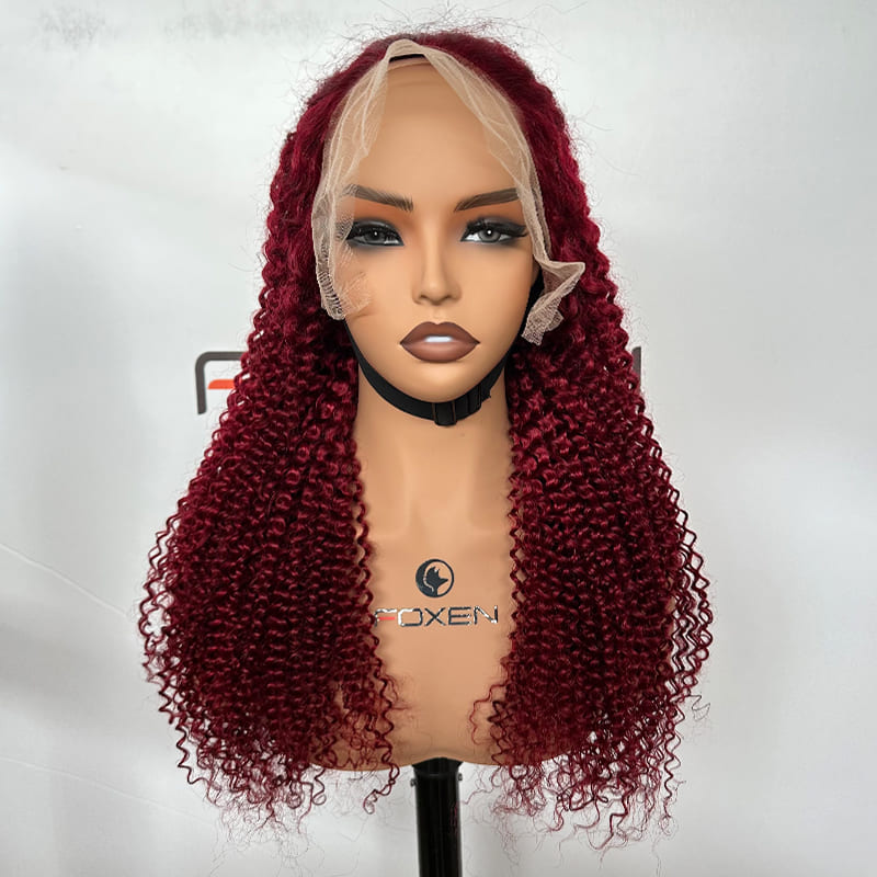 glueless 13x6 lace front curly wig burgundy color 24 inch	