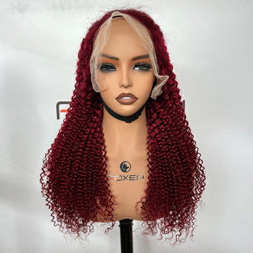 glueless 13x6 lace front curly wig burgundy color 24 inch	
