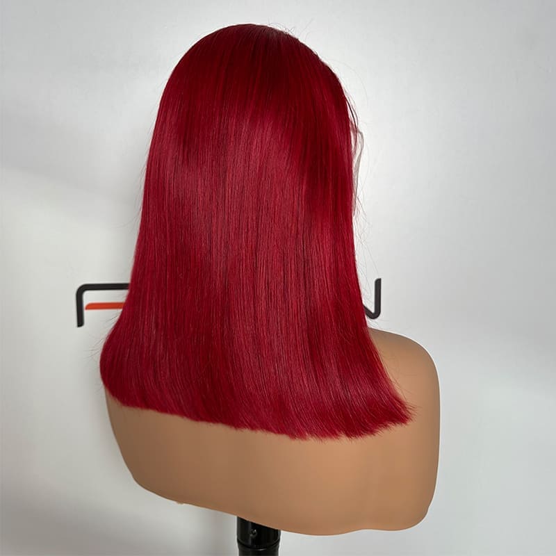 Low MOQ 16 inch dark red straight bob 13x4 lace frontal wig wholesale