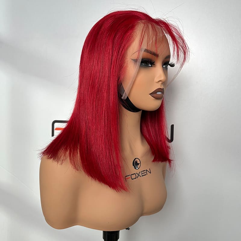 Customized 13x4 lace frontal dark red short bob wig 16 inch