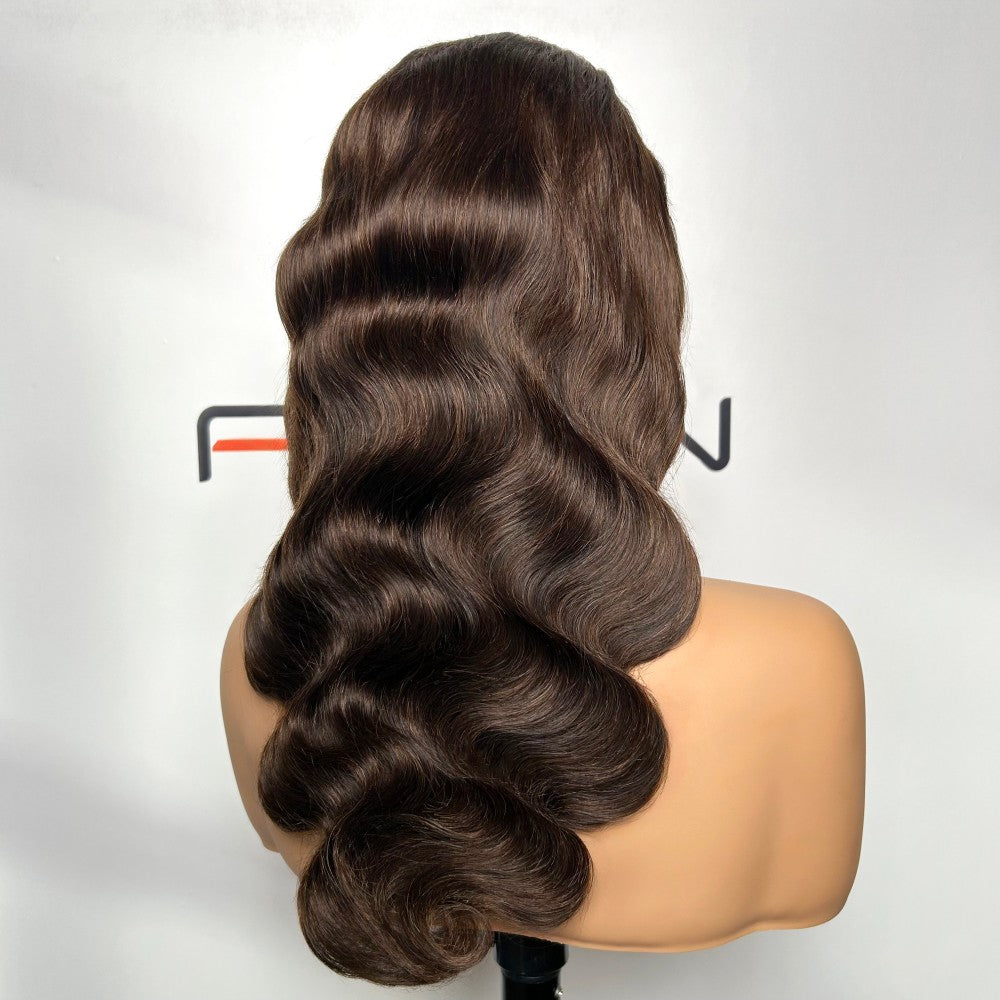 18 inch #4 brown pre-plucked glueless body wave lace front wig