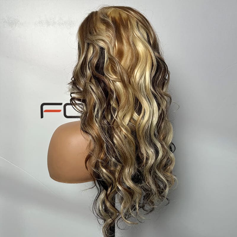 13x4 lace front wig custom highlight color natural wave human hair