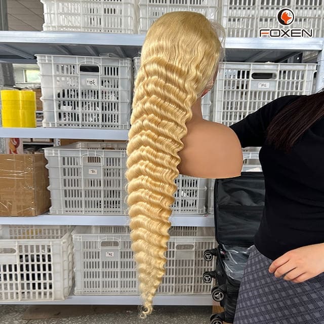 Double Weft 40 Inches 613# Blonde Deep Wave Wigs Factory Supply Shed-Free