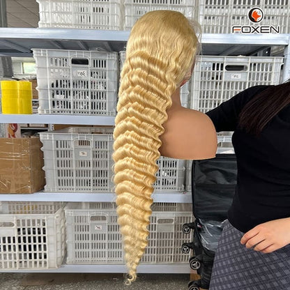 Double Weft 40 Inches 613# Blonde Deep Wave Wigs Factory Supply Shed-Free