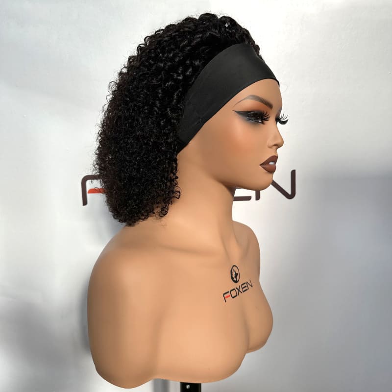 Private Label Natural Black Short Curly Human Hair Headband Wigs | Ice Silk Construction