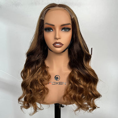 22 inch 6x6 HD lace closure curly wig with honey blonde highlights