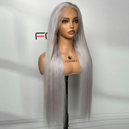 OEM grey long straight 13*4 lace frontal human hair wigs bulk