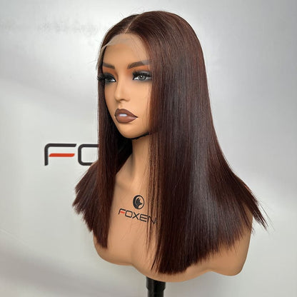 Raw Vietnamese hair 4# dark brown straight bob 5x5 lace wig 16 inch