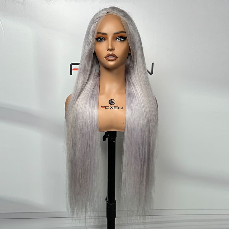 Middle part grey long straight 13*4 lace frontal human hair wigs bulk