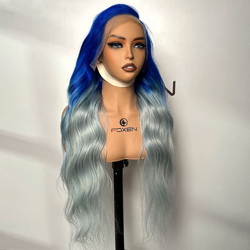 13x4 lace frontal wig factory price for 200% density blue hair