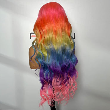 Rainbow Ombre Rooted Long Body Wave Human Hair Wigs