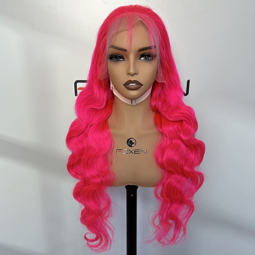 100% human hair pink body wave lace front wig bulk