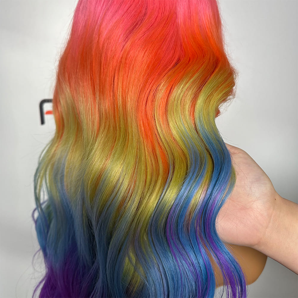 Lightweight Rainbow Balayage Long Wave Wigs with Pre-Plucked Hairline