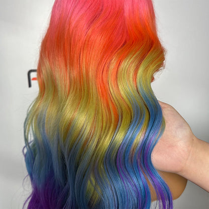 Lightweight Rainbow Balayage Long Wave Wigs with Pre-Plucked Hairline
