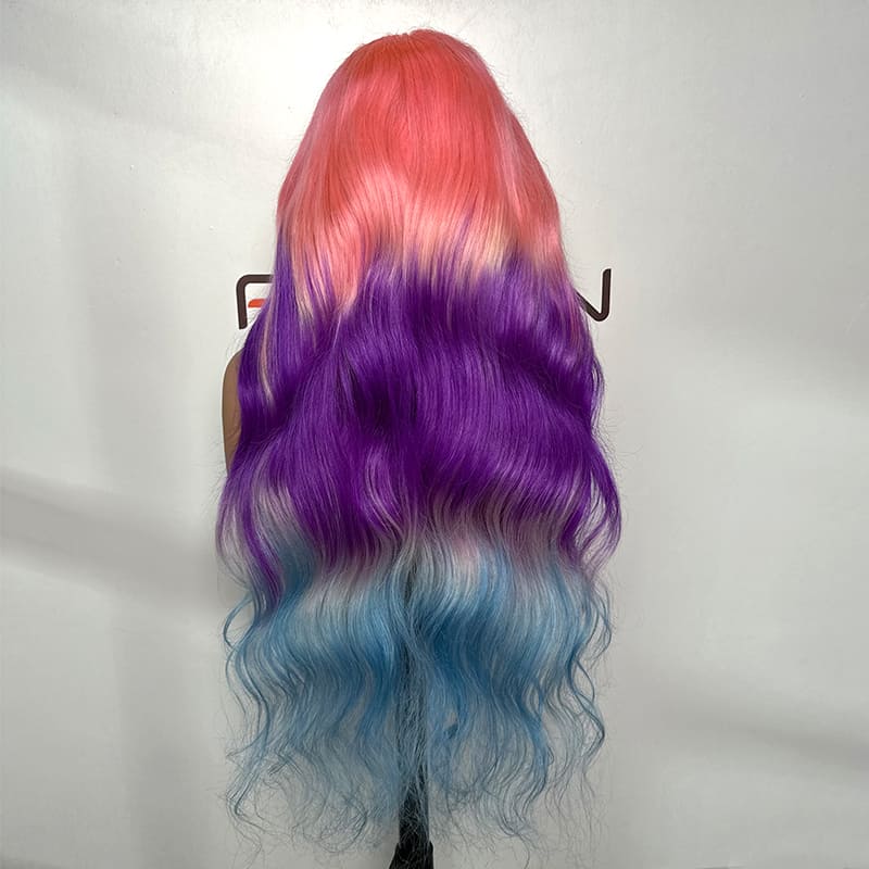 custom pink purple blue ombre human hair wig wholesale